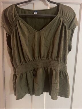 Old Navy Olive Green Smocked-Waist V-Neck Blouse